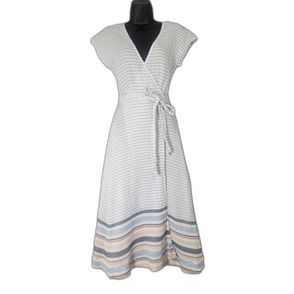 Marine Layer Double Gauze Cotton Maddie True Wrap Dress Striped Sz Medium - Picture 1 of 6